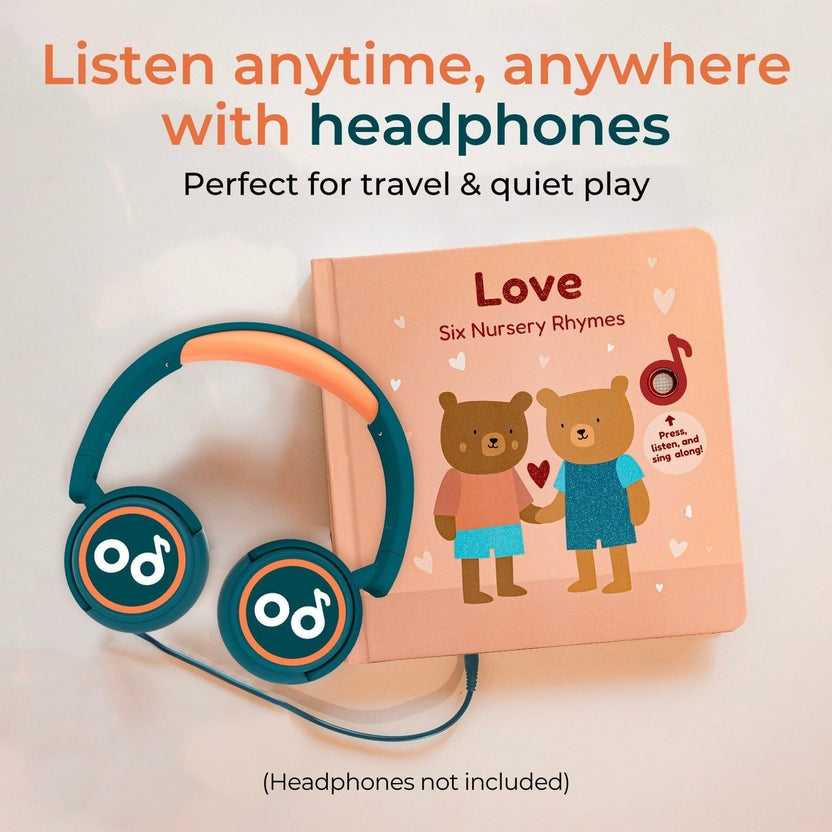
Children's book titled 'Love: Six Nursery Rhymes' with headphones on a light background