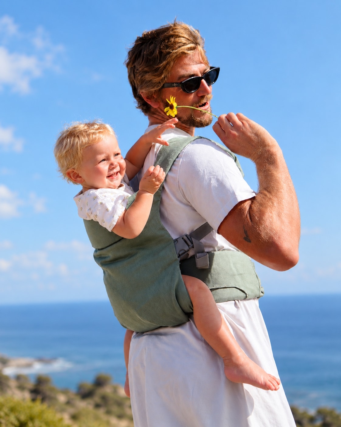 Father carrying a toddler on his back using a sage green WildBird Aerial Carrier near the ocean.
