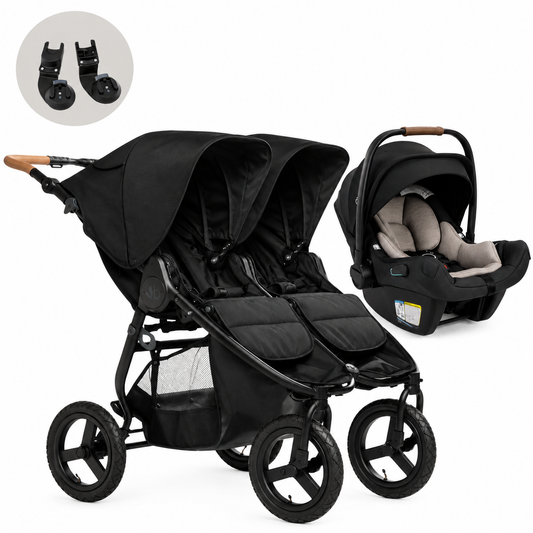 A black double stroller and matching infant car seat travel system shown on a clean white background, with two small accessory clips displayed in a circular inset at the lower right.
